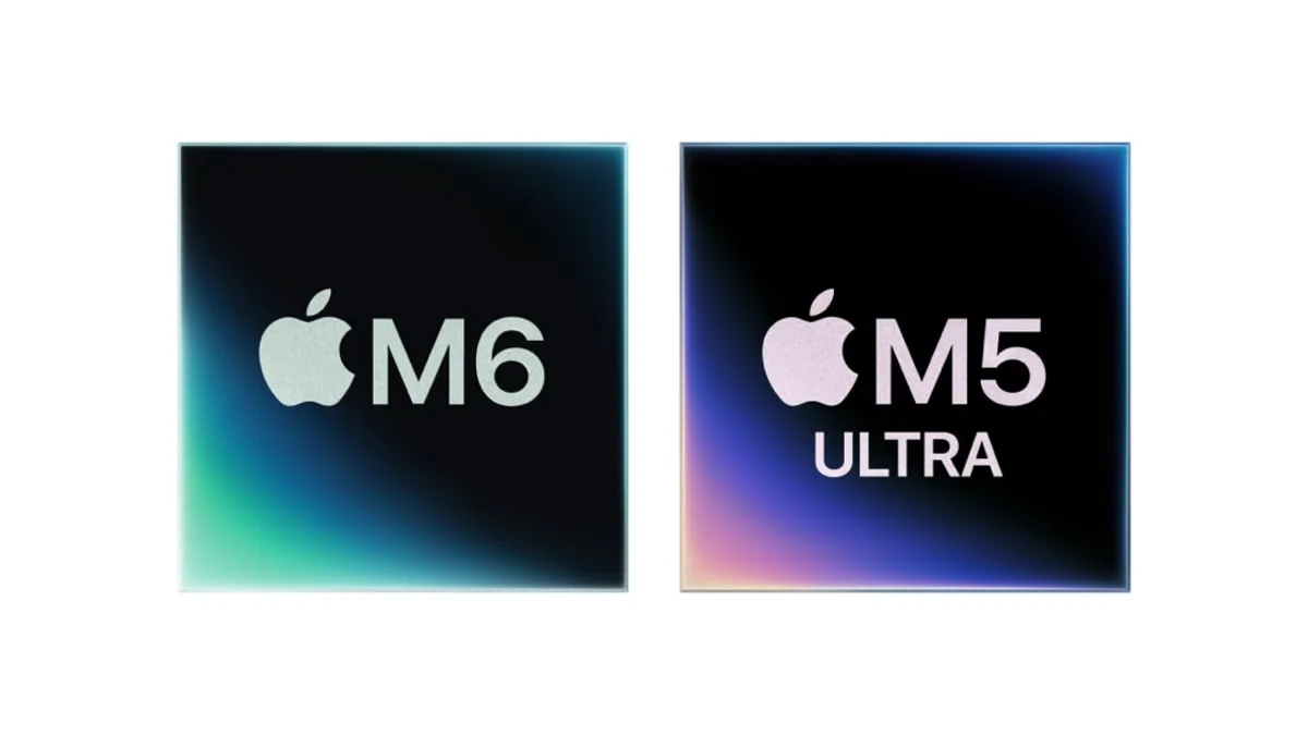 Apple M6 and M5 Ultra chips displayed in official product artwork.