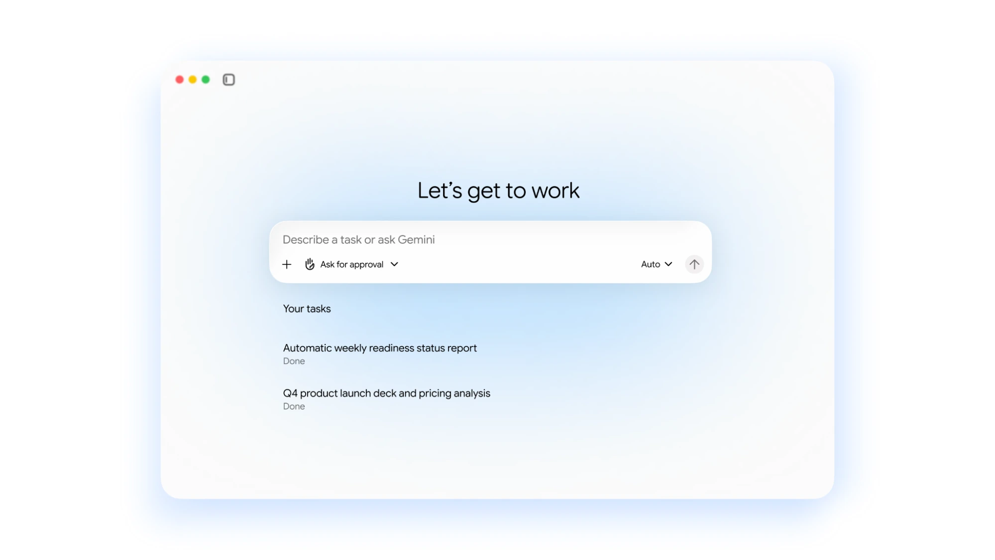 Google’s Gemini agent demonstration UI with a prompt box and completed tasks