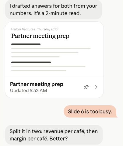 Detail of Anthropic’s animated Duet demo showing a prepared partner-meeting brief and a request to simplify a slide.