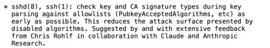 OpenSSH 10.6 release note credits Chris Rohlf, Claude and Anthropic Research for earlier key and certificate-authority checks.