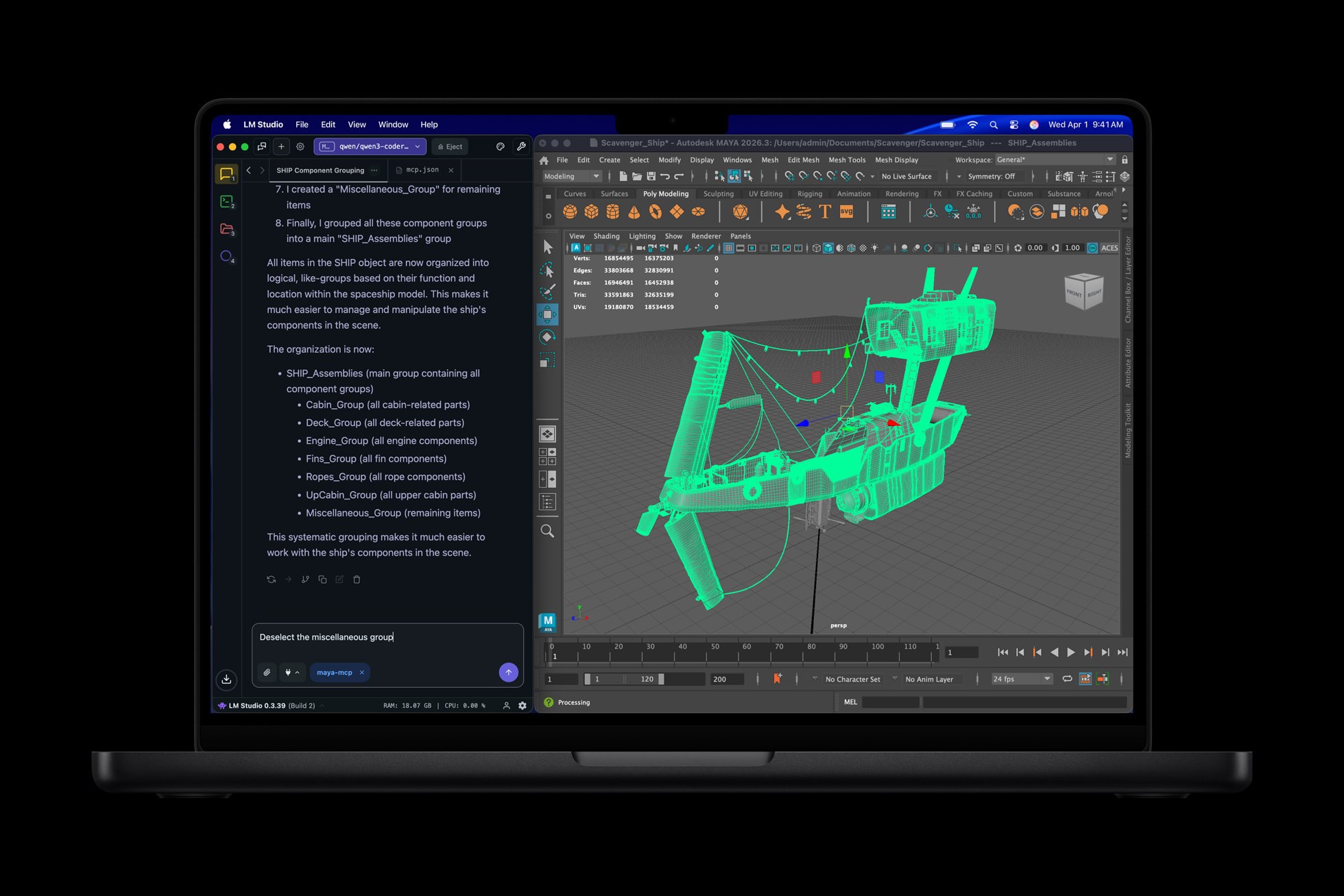Apple promotional image of a MacBook Pro showing LM Studio beside an Autodesk Maya scene.