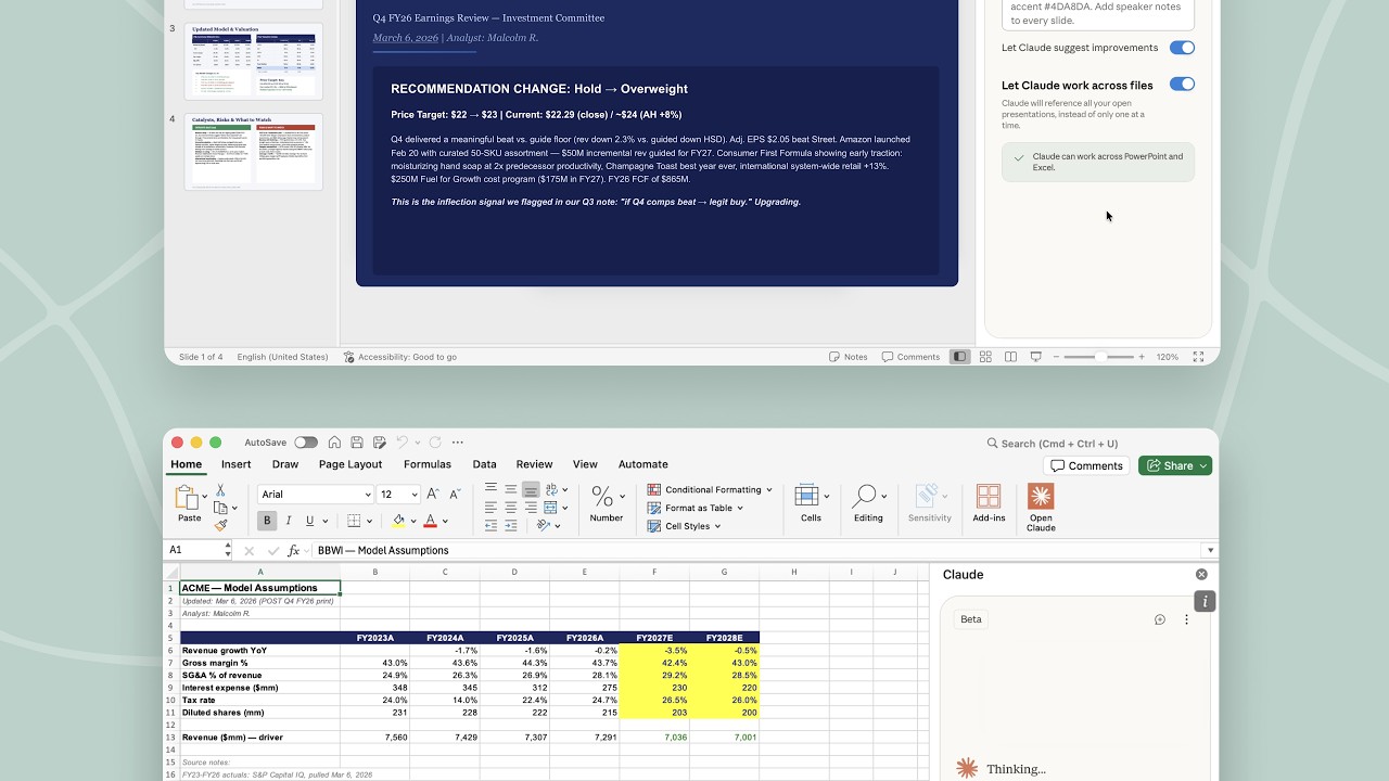 Claude working across a PowerPoint presentation and an Excel workbook in Anthropic's product demonstration