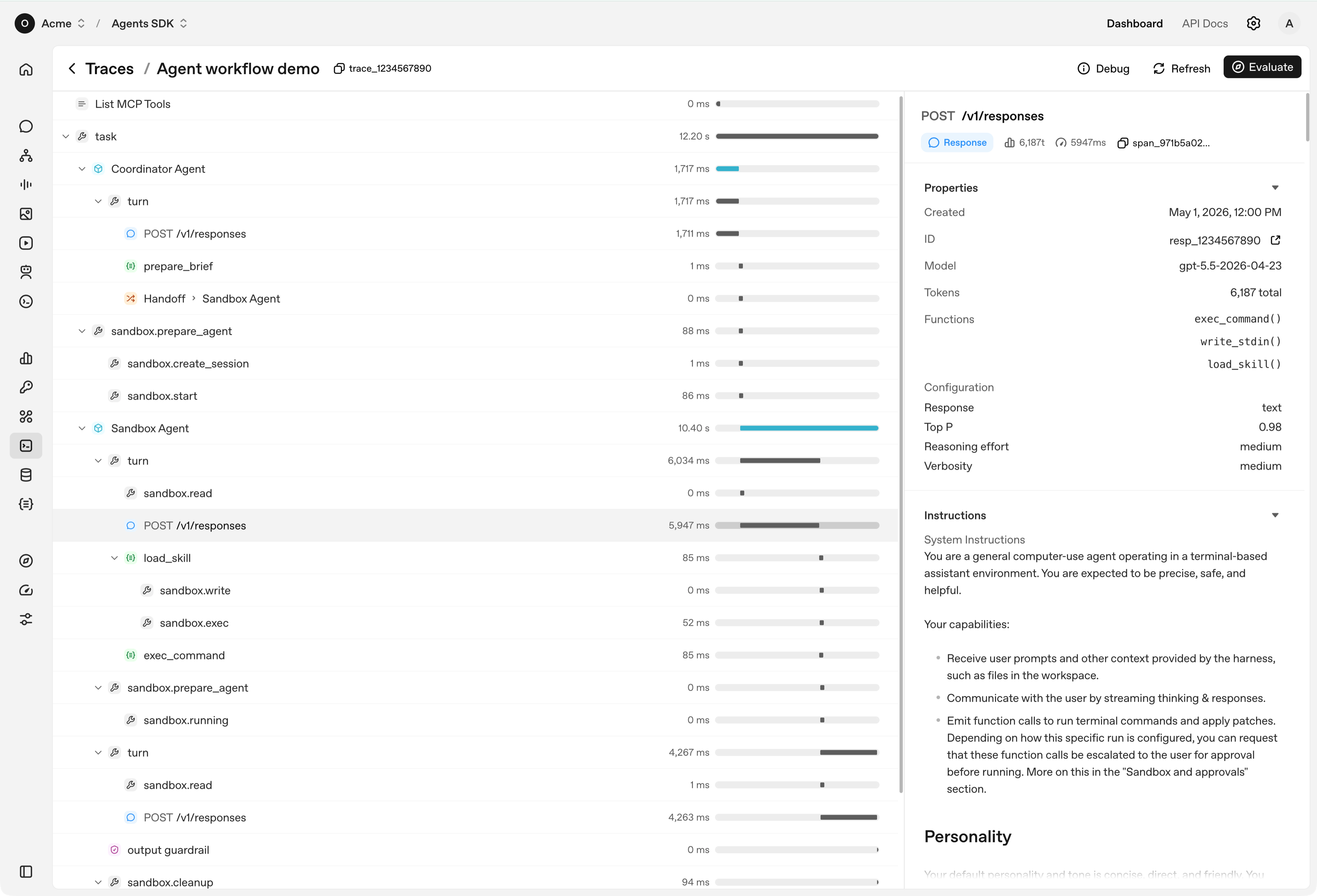 OpenAI Agents dashboard showing a multi-agent trace with tool calls, handoffs, timing, and response properties