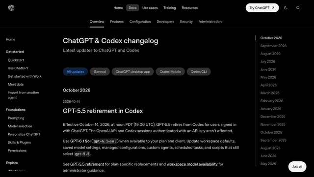 OpenAI changelog showing the October 14 GPT-5.5 retirement notice for Codex with ChatGPT sign-in