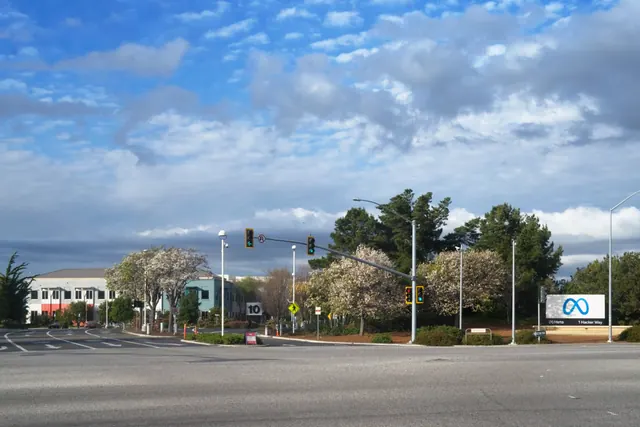Entrance to Meta Platforms headquarters at 1 Hacker Way in Menlo Park