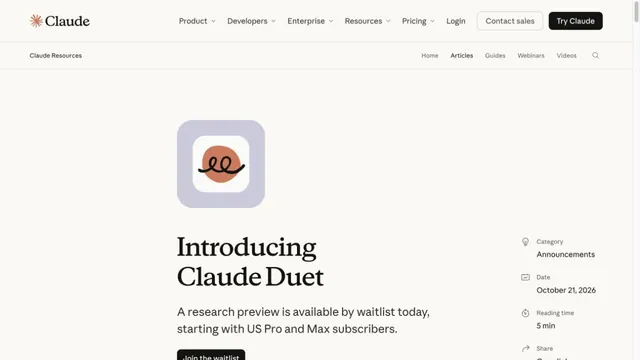 Anthropic’s Claude Duet announcement shows the app icon, October 21 date and US Pro/Max waitlist eligibility.