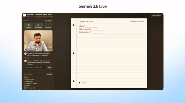 Google Cloud demo depicts a Live Avatar beside a video-call transcript and a developing insurance claim intake form.