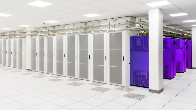 Akamai data-center cabinets in a bright equipment room, including several purple-lit racks.