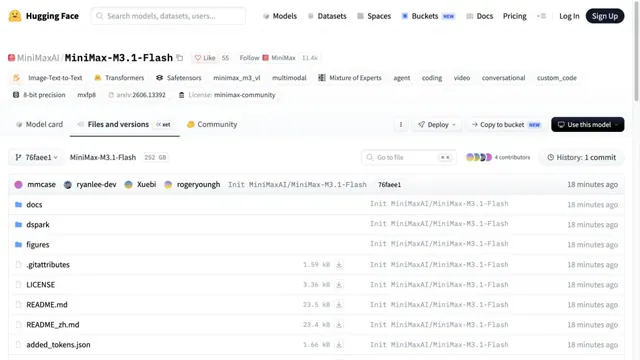 The official MiniMax M3.1 Flash file repository at the release commit lists the DSpark directory, model configuration and community license.