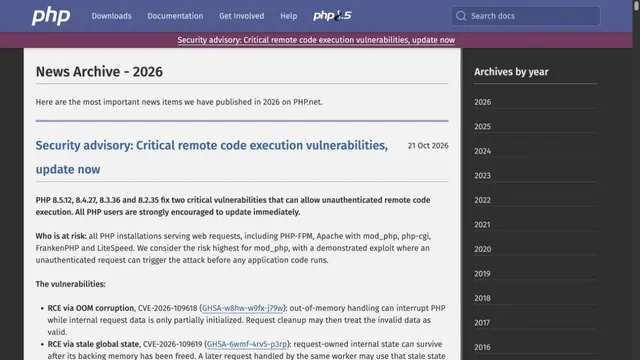 PHP’s October 21 security advisory lists four fixed PHP versions and affected web-serving installations.