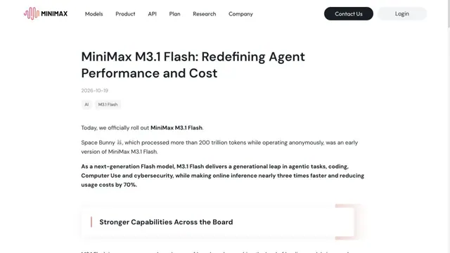 MiniMax’s English M3.1 Flash launch page showing the model name and October 19 date.