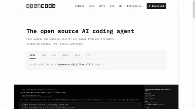 OpenCode public homepage showing its name, installation options and coding interface.