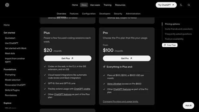 OpenAI pricing documentation showing Plus and Pro cards, with Pro options at $100, $200 and $500 per month.