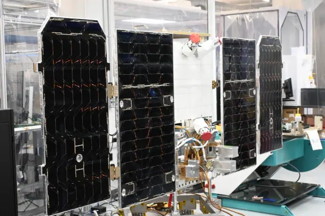 Suncatcher prototype with solar arrays at Planet’s San Francisco facility before launch