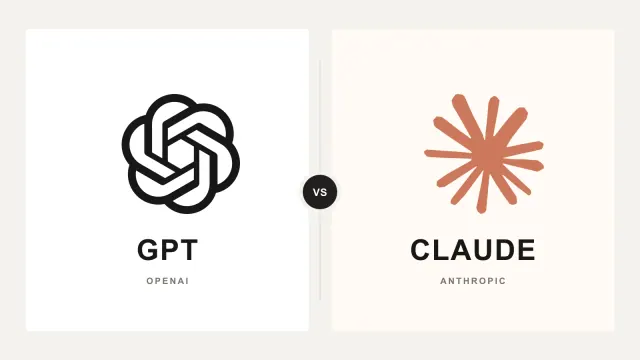 A simple head-to-head comparison cover: the OpenAI knot mark above GPT on the left, and Claude’s orange burst mark above CLAUDE on the right, separated by VS.