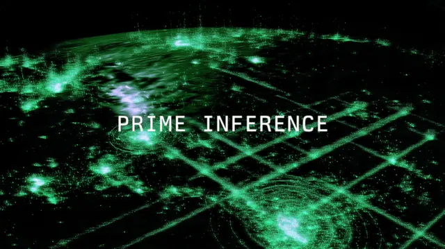 Prime Inference lettering over green particle artwork in Prime Intellect’s official platform launch image.
