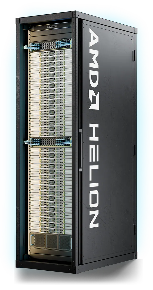 AMD’s official Helion rack product rendering showing server blades and the Helion-branded side panel
