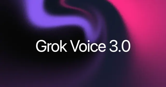 Official Grok Voice 3.0 launch artwork with white model lettering over a purple and pink background