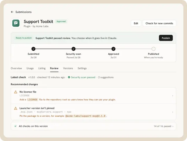 Anthropic's illustrative Claude plugin submission review dashboard