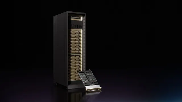 NVIDIA promotional rendering of a Vera CPU rack with a server tray displayed in front.