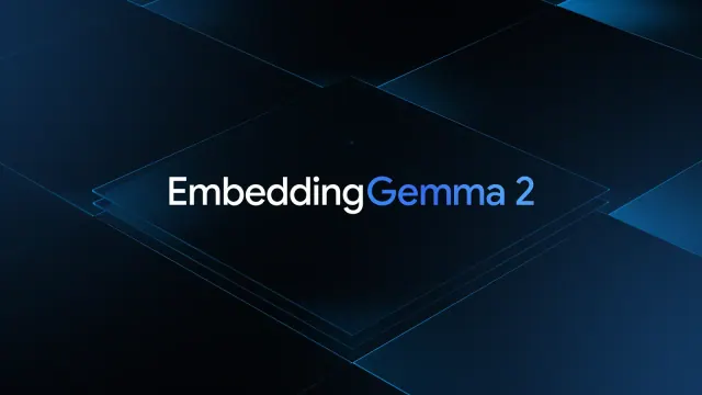 EmbeddingGemma 2 wordmark over layered blue outlines on a dark background.