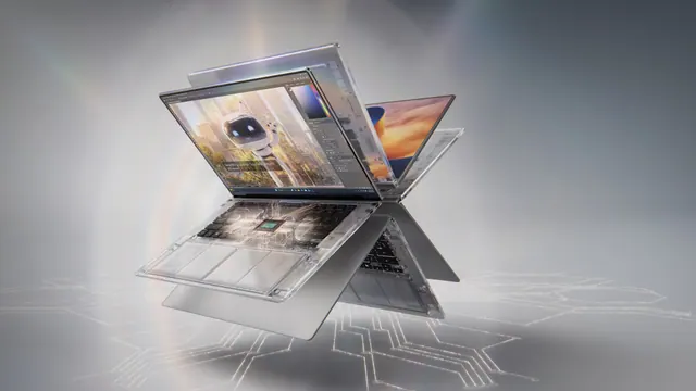 NVIDIA promotional rendering of RTX Spark laptops, including a transparent view of the internal chip.