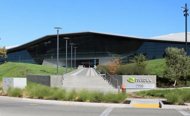 NVIDIA headquarters building and entrance sign in Santa Clara, photographed in 2018.