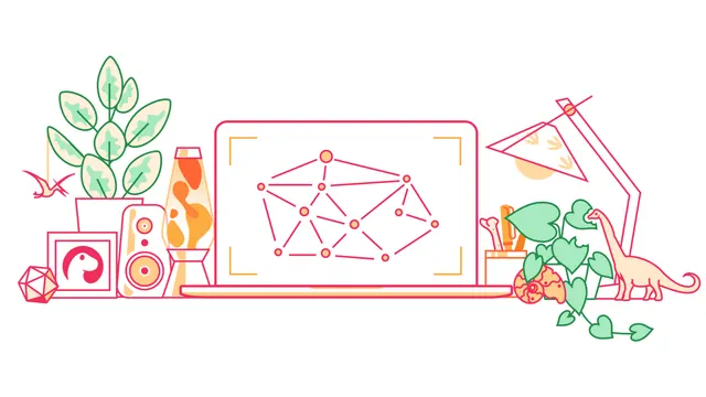Cloudflare illustration of a laptop showing connected nodes, surrounded by plants and the Deno logo.