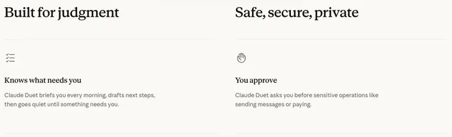 Anthropic’s Claude Duet product page pairs morning preparation with a requirement to approve sensitive actions.