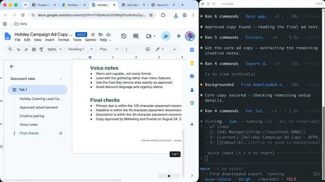 Meta's Muse Spark 1.3 demonstration with a working document beside the Muse Code terminal