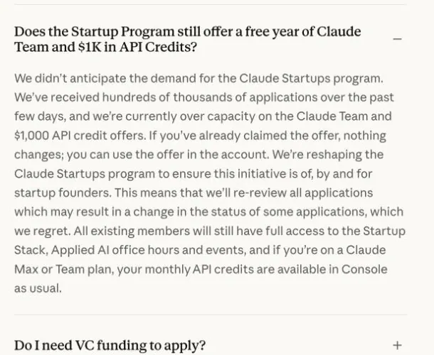 Official Claude Startups FAQ explaining offer capacity, already-claimed benefits and application re-review