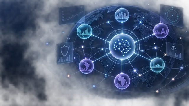 Abstract network illustration representing shared international AI standards and incident reporting