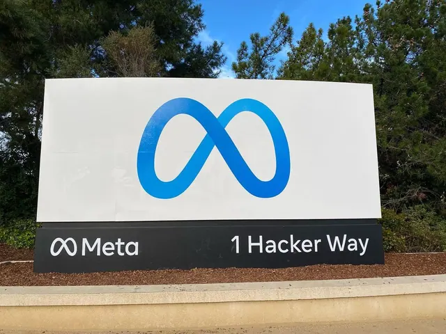 Meta headquarters entrance sign at 1 Hacker Way in Menlo Park, photographed in 2022.
