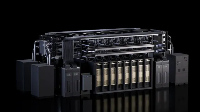 NVIDIA rendering of a Vera Rubin-era AI factory assembly with racks, overhead cooling pipes and adjacent power equipment.