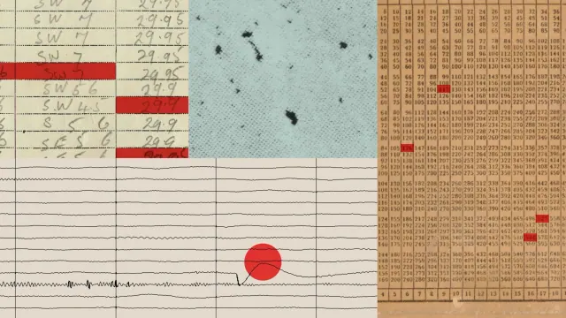 Anthropic report artwork combining historical measurement records, a sky plate and marked numerical tables