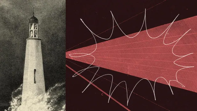 Anthropic editorial illustration of a lighthouse and abstract red light beams.